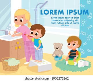 Children In Bathroom Doing Everyday Hygiene Activities For Kids,little Boy Cleaning The Teeth, Little Girl Washing Hands With Soap. Toddler Sitting On Potty And Poop.