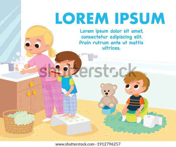 Children Bathroom Doing Everyday Hygiene Activities Stock Vector