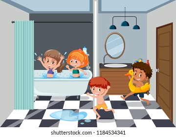 Children in the bathroom illustration