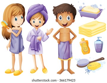 Children and bathroom objects illustration