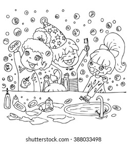 children in the bathtub watching your hygiene hand drawn outline for coloring isolated on the white background