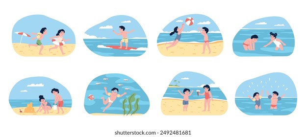 Children beach activities. Kids play in various games on summer vacations near sea or ocean. Childish seasonal recreation, recent vector scenes