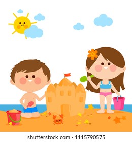 Children Beach Building Sandcastle Vector Illustration Stock Vector ...