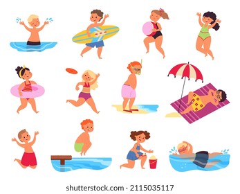 Children beach characters. Seaside kids, summer play child. Ocean holiday travel, isolated kid swimming and water sport training, decent vector set