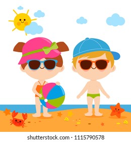 Children at the beach with hats and sunglasses. Vector illustration