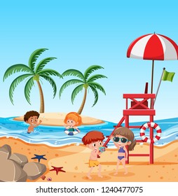 Children at the beach illustration