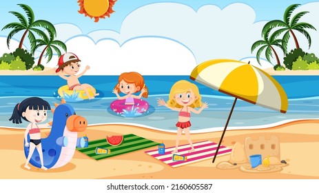 Children at the beach on summer holiday illustration