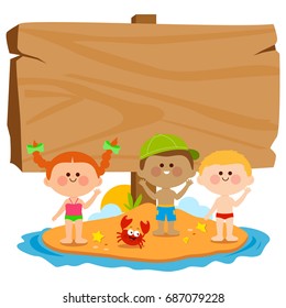 Children at the beach on a summer island and blank wooden sign. Vector illustration