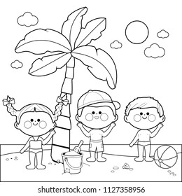 Children at the beach playing under a palm tree. Vector black and white coloring page.