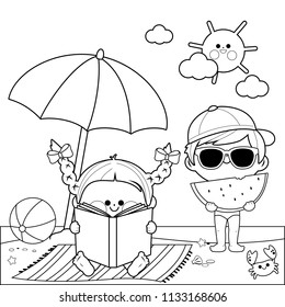 Children at the beach reading a book and eating a slice of watermelon under a beach umbrella. Vector black and white coloring page.