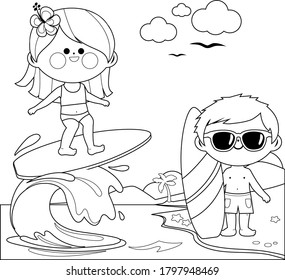 Children at the beach surfing on a wave in the sea. Vector black and white coloring page.