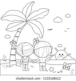 Children at the beach under a palm tree. Vector black and white coloring page.