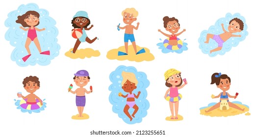 Children At Beach, Water Games, Swimming, Summer Beach Vacation. Kids Swimming And Playing Vector Illustration Set. Boys And Girls Chilling At Beach, Building Sand Castle, Eating Ice Cream