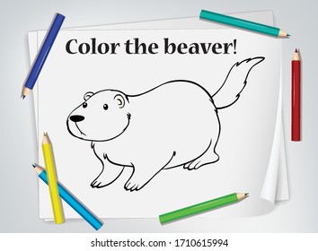 Children beaver coloring worksheet illustration