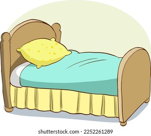 Children bed covered with green bedding, flat vector illustration isolated.