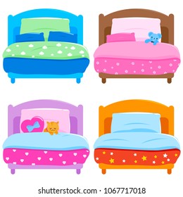 Children bed set with colorful blankets. Vector illustration collection.