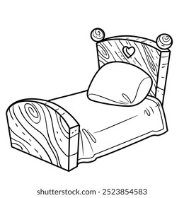 Children bed with wooden headboards and lush pillow and blanket outlined. Image produced without the use of any form of AI software at any stage.