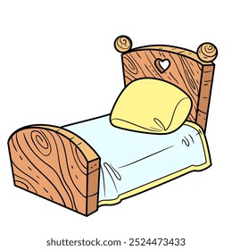 Children bed with wooden headboards and lush pillow and blanket color . Image produced without the use of any form of AI software at any stage.