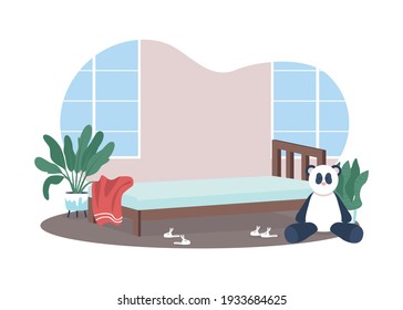 Children bedroom 2D vector web banner, poster. Child's bed. Plush toy on floor. Family home flat scene on cartoon background. Living room for kids printable patch, colorful web element