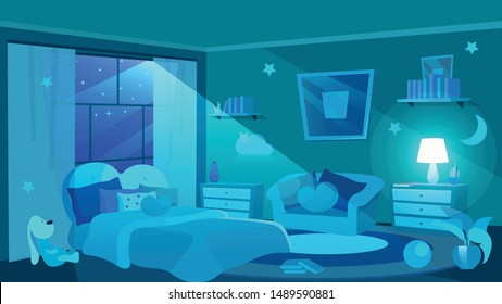 Children bedroom furnishing flat vector illustration. Moon shedding soft light through window. Girls apartment interior. Cute bed and sofa with cushions. Decorative stars and clouds on wall