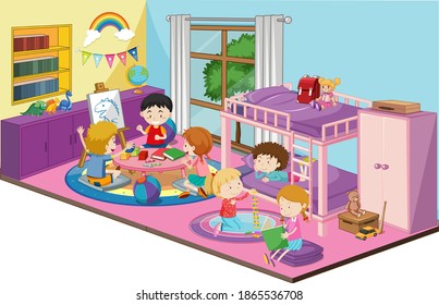 Children in the bedroom with furnitures in purple theme illustration
