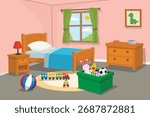Children bedroom interior with bed, tables, furniture, and toys