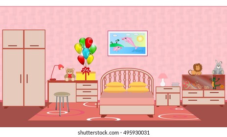 Children bedroom interior with furniture, birthday gift, carpet, toys. Vector illustration in flat style.