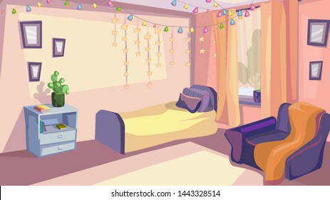 Children Bedroom Interior. Pastel Wall Decor, Window, Furniture, Wooden Bed, Bedside Table, Chair Vector Illustration. Comfortable Modern Nursery in Scandinavisn Style. Kid Room Design