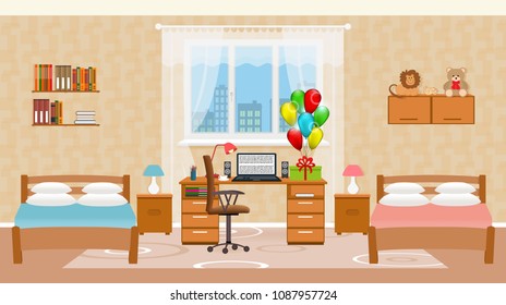 Children bedroom interior with two beds, holiday balloons, toys, table with desktop computer and window. Design of sleeping room for children. Vector illustration.