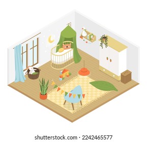 Children bedroom - modern vector colorful isometric illustration. Baby cradle with canopy and pillows, wardrobe, plush rabbit and bear, easy chair and carpet, happy childhood and motherhood idea