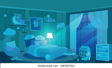 Children Bedroom At Night Flat Vector Illustration. Kids Room Interior In Blue Shades. Moonlight Rays From Panoramic Window. Cartoon Pillows, Soft Toys,books On Shelves, Cloud-shaped Lamps  