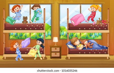 Children In Bedroom With Two Bunkbeds Illustration