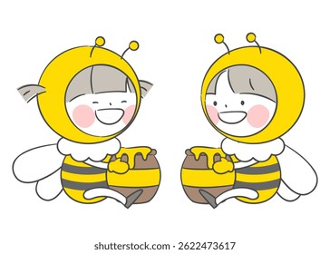 Children in Bee Costumes Sitting and Holding Honey Jars