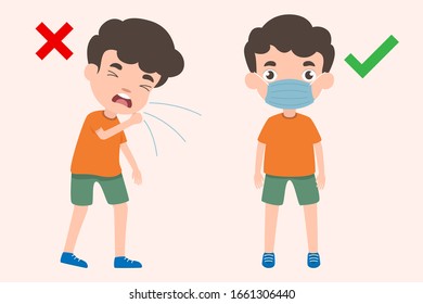 Children behave correctly when coughing by using medical mask and children practice incorrectly without using medical mask. Health and medicals concept cute children cartoon vector illustration.