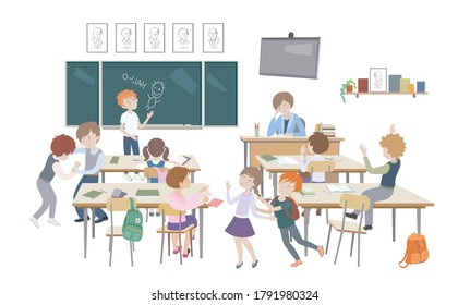 Niños portándose mal en un aula. Profesor sin experiencia. No hay disciplina. Divertirse, desorden, problemas en el concepto de clase. Proceso de aprendizaje escolar. Ilustración vectorial en un estilo de caricatura plano

