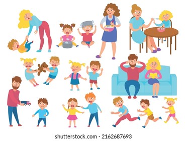 Children Behaving Badly With Parents And Each Other Flat Icons Set Isolated Vector Illustration