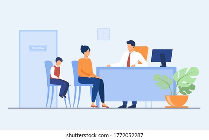 Children behavior problems concept. Mom and son visiting school principal office. Pupil feeling guilty while his mother talking to headmaster. Illustration for family troubles or education topics