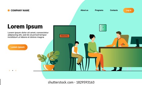Children behavior problems concept. Mom and son visiting school principal office. Pupil feeling guilty while his mother talking to headmaster. Illustration for family troubles or education topics