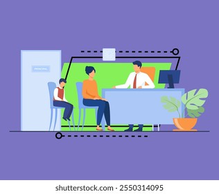 Children behavior problems concept. Mom and son visiting school principal office. Pupil feeling guilty while his mother talking to headmaster. Illustration for family troubles or education topics