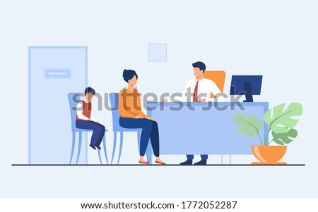 Children behavior problems concept. Mom and son visiting school principal office. Pupil feeling guilty while his mother talking to headmaster. Illustration for family troubles or education topics