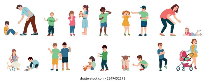 Children behaviour flat color icons with parents and their kids with different emotions isolated vector illustration