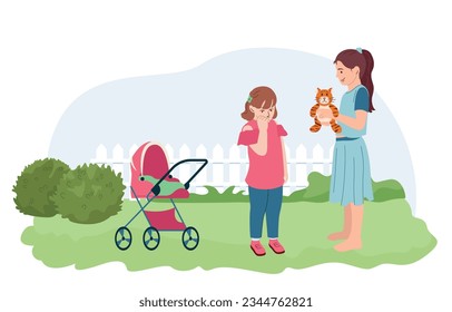 Children behaviour flat concept with kind girl giving soft toy to frustrated child vector illustration