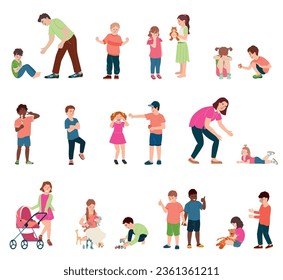 Children behaviour flat set of kids their friends and parents in different life situations isolated vector illustration