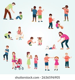 Children behaviour flat set of kids their friends and parents in different life situations isolated vector illustration unhappy depression family learning pedagogue mental health talk stress emotion