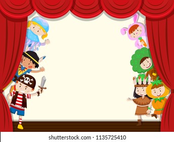 Children behide curtain school performance illustration