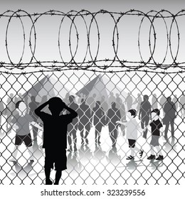 Children behind chain link fence and barbed wire in refugee camp. Vector illustration