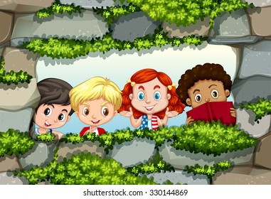 Children behind the stone wall illustration