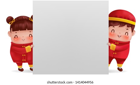 Children behind a wall. Boy and gril personality in red cheongsam dress. Cute traditional. Chinese New Year.  Cartoon vector illustration isolated on a white background.