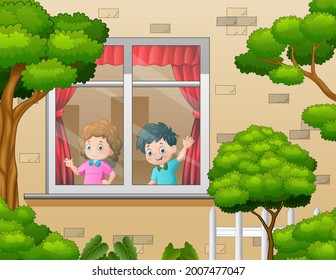 Children behind the window are look outside the house around