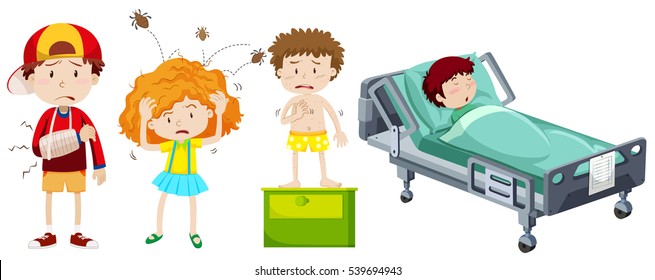 Children being sick from different disease illustration